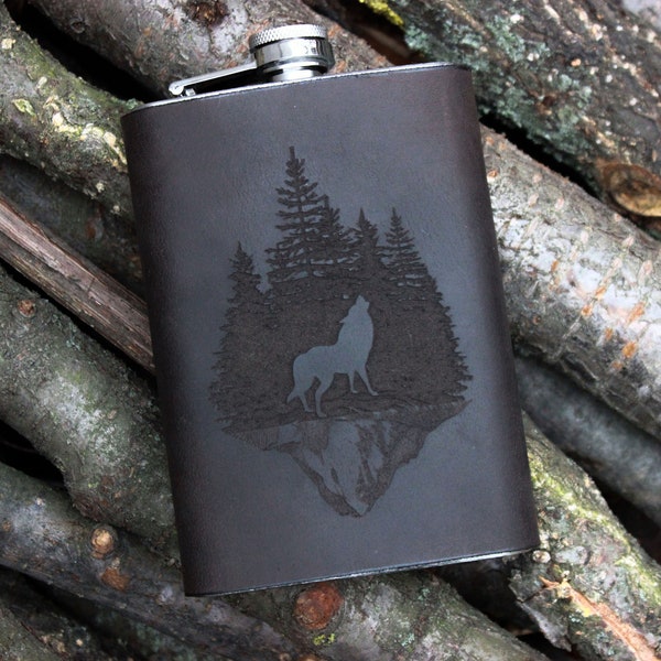 Wolf,gift flask, Howling Fenrir,Viking Leather Wrapped Flask 9oz Stainless Steel,Norse Nordic Flask Laser Engraved, gift for him, gift 2023