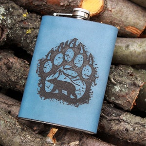 Groom gift, Bear,9oz,Animal Flask Leather Wrapped Hunter Flask Groomsman Gift Personalized Flask Engraved Steel Bear Flask Wedding Flask
