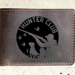 HUNTER CLUB - Bifold Leather Custom Wallet - beste cadeau voor HUNTER / Hunter cadeau / Jacht cadeau / Herten jager / Wolf Hunter / Eendenjager