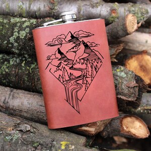Mountain Range with Personalized Custom Name or text Engraved Stainless Steel 9 oz Travel Flask,Bridesmaid Groomsman 21st Birthday
