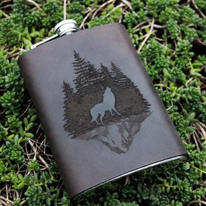 Wolf 9oz Forest Flask Leather Wrapped Flask Groomsman Personalized Flask Engraved Steel Wolf Moon Forest Wedding Flask Groomsman Husband