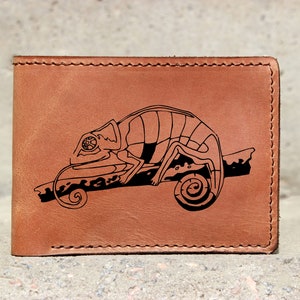 Cartera de cuero Lagarto grabado Hecho a medida Estilo étnico Cuero genuino Cuero tallado Pintado a mano Diseño único hecho a mano Dibujo original