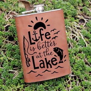 Life is better at the lake Leather Wrapped Flask Groomsman Gift Personalized Flask Engraved Steel Bear Flask Wedding Flask Hunter flask gift