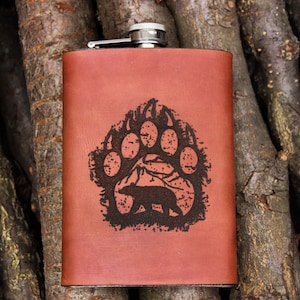Bear 9oz Nature Flask Leather Wrapped Hunter Flask Groomsman Gift Personalized Flask Engraved Steel Bear Flask Wedding Flask Hunter