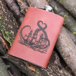 Octopus Flask, 9 oz leather flask, Metal 9 Ounce Nautical Flask,Wrapped Flask,Vintage Style,Big Flask Pirate Flask,Flask for him, Groom gift