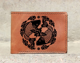 Koi Fish Red Wallet, Koi Carp Lucky fish Gift leather wallet, Koi Japanese Vintage Red Card Biker billfold Wallet, Man gift Wallet