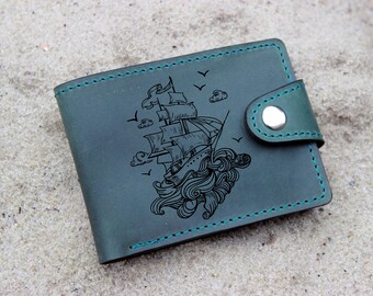Ship wallet, Dad gift Pirate ship ship engraved wallet Men's Leather Bi-Fold Wallet with Custom Pirate ship Artwork Image Makes a Great Gift