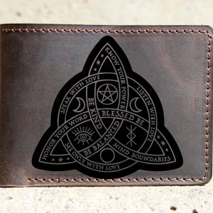 Celtic Bifold Leather Front Pocket Wallet con adorno celta pagano - Cartera Celtic Triquetra, Cartera vikinga - Regalos para novio 2023