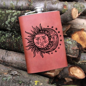 Sun and moon flask, Gift for Dad, Personalized Hip Flask, Custom Engraved Flask, 9 oz Stainless Steel Flask, Father's Day Gift, Dad Flask