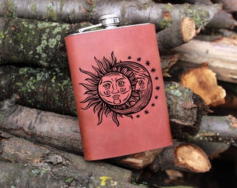 Sun and moon flask, Gift for Dad, Personalized Hip Flask, Custom Engraved Flask, 9 oz Stainless Steel Flask, Father's Day Gift, Dad Flask
