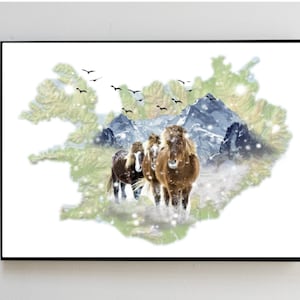 Impression d'art paysage nordique de chevaux, affiche de chevaux de carte d'Islande, illustration unique de décoration intérieure, suspension murale, impression cadeau originale d'Islande