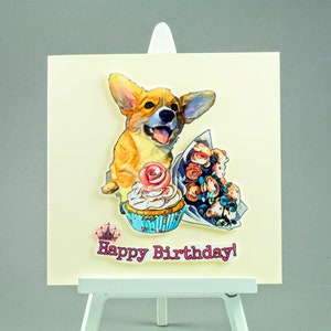 Grußkarte Geburtstagskarte-Hund mit Geschenken und Blumen-für Freundin-für Tochter-für Mutter-für Schwester-für Ehefrau-10.,15.,20.