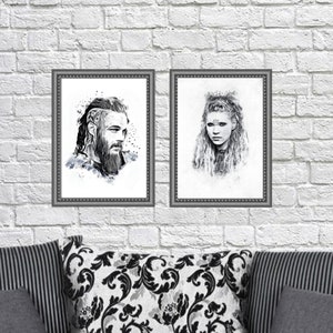 Set of 2 artprints Ragnar and Lagertha,vikings norse mythology pagan movie illustrations