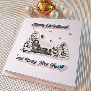 Prettige kerstdagen en gelukkig nieuwjaar wenskaart, gezellige kerst thuis, laat het sneeuwen, gepersonaliseerde familiegroet