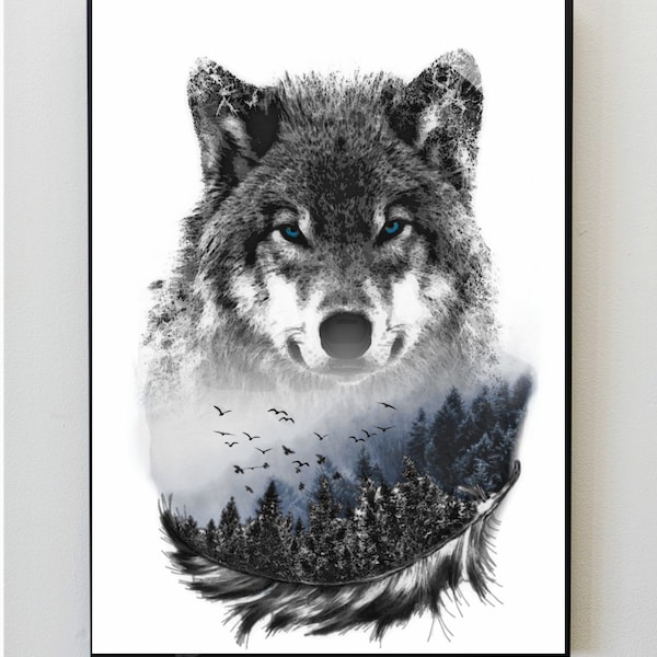 Wolf nordic landscape art print,glamorous fantasy wokf with blue eyes poster,unique home decor illustration,wall hanging,colorful gift print