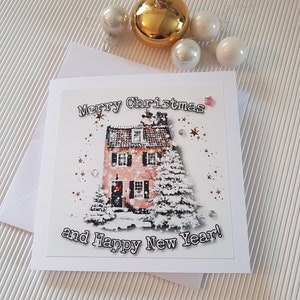 Frohe Weihnachten und glückliches neues Jahr Grußkarte, gemütliche Weihnachten zu Hause, lassen Sie es schneien, personalisierter Familiengruß