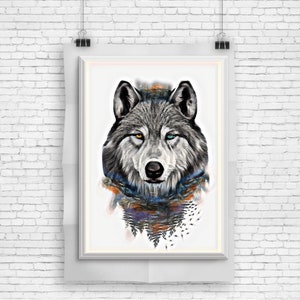 Wolf nordic landscape art print,glamorous fantasy animal poster,unique home decor illustration,wall hanging,colorful gift print