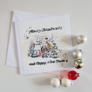 Prettige kerstdagen en gelukkig nieuwjaar wenskaart, gezellige kerst thuis, laat het sneeuwen, gepersonaliseerde familiegroet