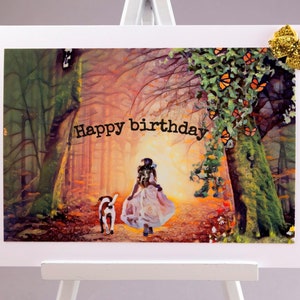 Biglietto di compleanno della figlia-la ragazza con il cane -nella foresta delle fate - per la figlia favolosa - buon compleanno - auguri per la sorella-per l'amica