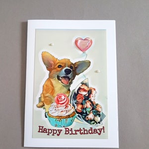 Feliz cumpleaños tarjeta de felicitación para cachorros, tarjeta de perro corgis impresa, tarjeta personalizada, tarjeta de regalo para amiga, niña, mujer, hermana, hija, esposa, 10, 20