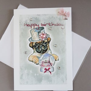 Happy birthday greeting card,printed french bulldog pug paris card,personalized card,gift card for friend,girl,woman,sister,daughter,wife