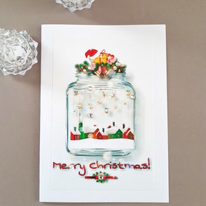 Merry Christmas wenskaart illustratie met huizen in pot, grappige kerstgroet, originele cadeaubon voor haar voor hem