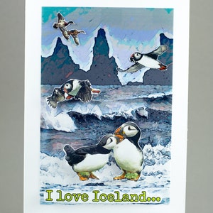Me encanta islandia tarjeta de felicitación, impreso iceland puffins tarjeta, paisaje de la naturaleza de iceland, tarjeta de regalo para los turistas, recuerdo istenos