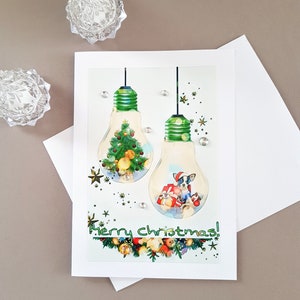 Vrolijke kerstkaart, hond in bolillustratie, grappige kerstgroet, originele cadeaukaart voor haar voor hem, hondenkerstmis