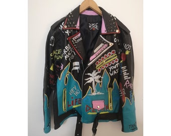 Leather jacket hand painted biker jacket men or women studded leather jacket