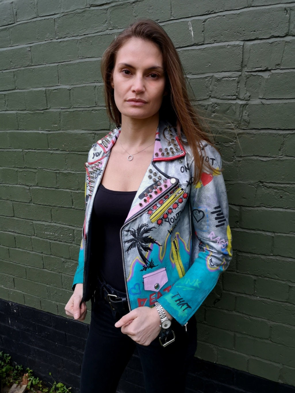 Leather Jacket Hand Painted Biker Jacket Studded | Etsy UK