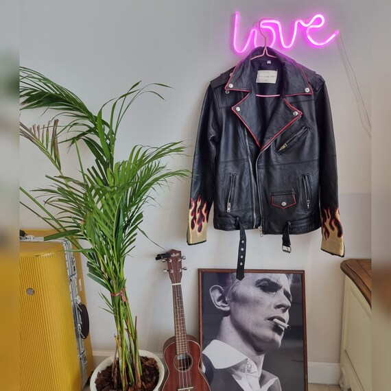 Leather Jacket Black Biker Jacket Real Leather Vintage Handpainted