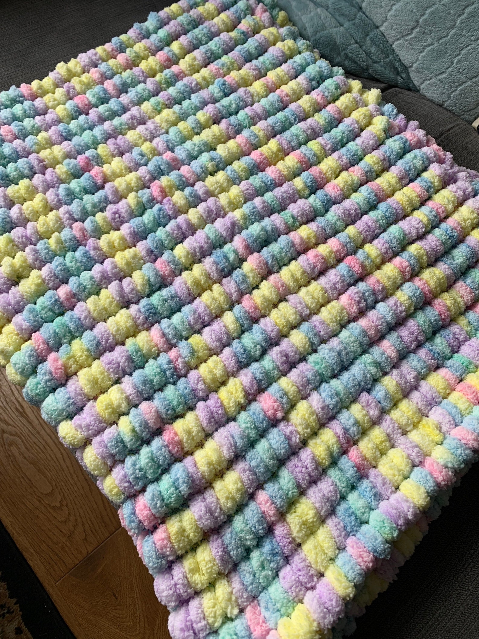 Hand knitted Baby Pom Pom blanket pastel shades Etsy