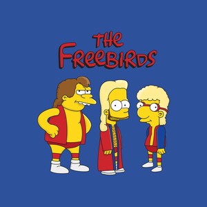 May include: Three yellow cartoon characters with red and blue clothing. The characters are wearing wrestling outfits. The text "The Freebirds" is above the characters.