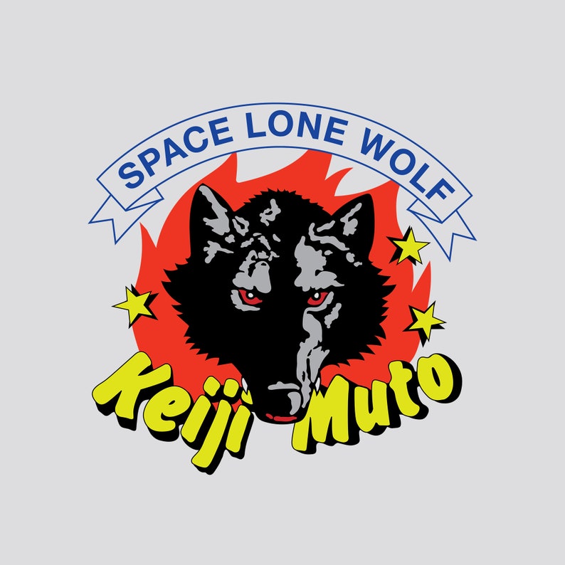 May include: A red, yellow and black logo with a wolf's head in the centre. The wolf has red eyes and a black snout. The text "Space Lone Wolf" is in a blue banner above the wolf's head. The text "Keiji Muto" is in a yellow banner below the wolf's head.