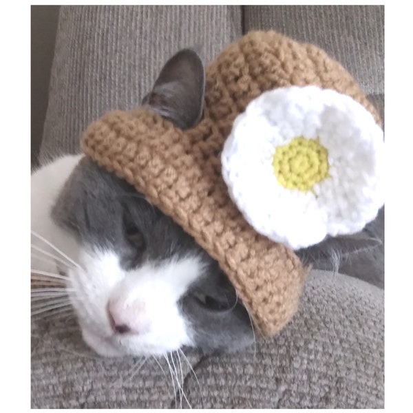 Bucket Hat for Cats, Crocheted Bucket Cat Hat with flower, Crocheted Hats for Pets