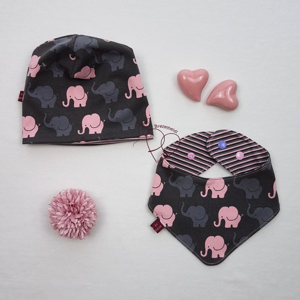 Hat, beanie, optional as a set with neckerchief, reversible neckerchief, baby, girl, elephant