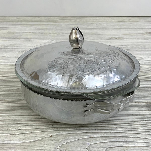 Vintage Aluminum Hammered Floral Bowl with Fire King Dish; Vintage Hammered Floral Casserole Dish; Vintage Aluminum Casserole Dish (MAE)