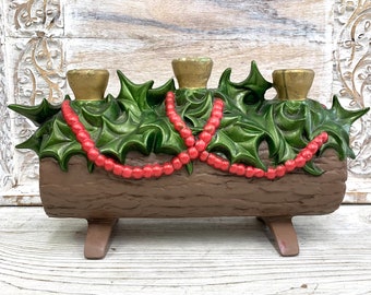 Vintage 1960s/70s Ceramic Christmas Yule Log Candleholder /hge