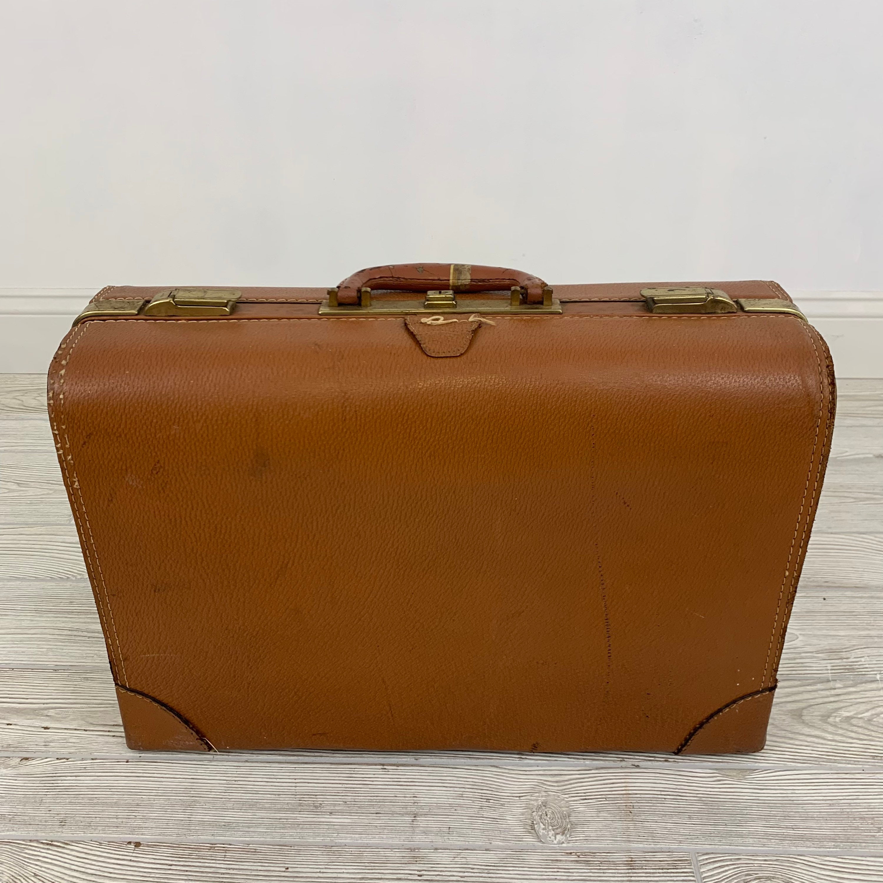 Vintage Suitcase Luggage blue canvas, leather trim, with travel stickers