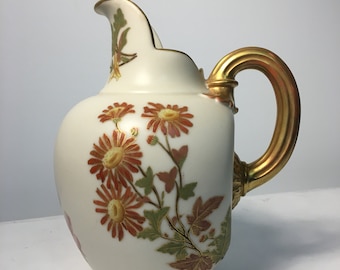 Vintage Royal Worechester Flat Back Pitcher w/ Handpainted Floral Decoration 1880's porcelain; Vintage Worechester Floral Pitcher (K)