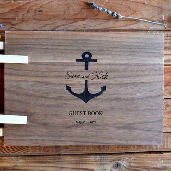 Nautical guest book, Anchor wedding guest book, Wood guest book, Wedding photo album