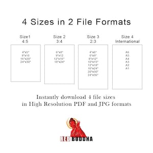 Pu&ograve; includere: Un grafico che mostra quattro diverse dimensioni di stampe d'arte stampabili in due formati di file, PDF e JPG. Le dimensioni sono elencate in pollici e includono 4x5, 6x8, 4x6 e dimensioni internazionali. Il testo "Scarica istantaneamente 4 dimensioni di file in PDF e JPG ad alta risoluzione" si trova sotto le dimensioni. Il testo "RED BUDDHA" si trova nella parte inferiore del grafico.