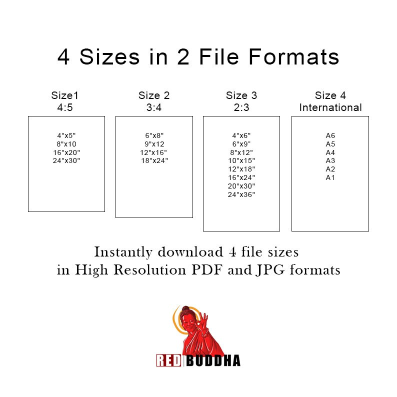 Pu&ograve; includere: Un grafico che mostra quattro diverse dimensioni di stampe d'arte stampabili in due formati di file, PDF e JPG. Le dimensioni sono elencate in pollici e includono 4x5, 6x8, 4x6 e dimensioni internazionali. Il testo "Scarica istantaneamente 4 dimensioni di file in PDF e JPG ad alta risoluzione" si trova sotto le dimensioni. Il testo "RED BUDDHA" si trova nella parte inferiore del grafico.