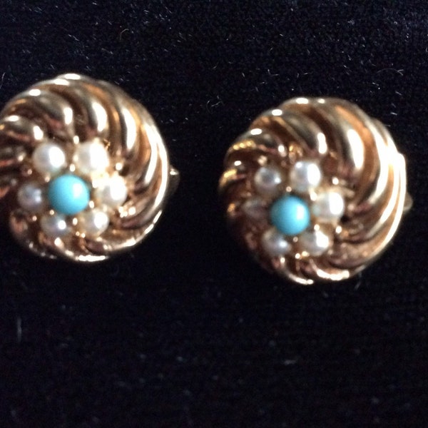 Vintage Boucher turquoise seed pearl clip earrings