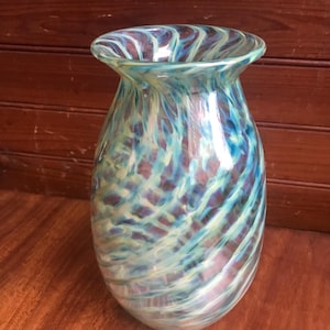 spiral optic vase hand blown glass vase ribbon vase green blue vase