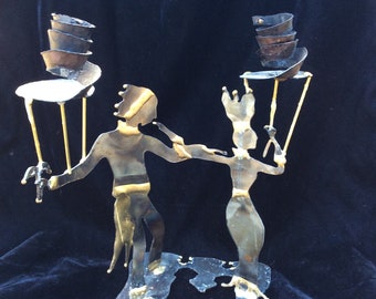 Artisan candelabra ,11” circus candlestick metal candlestick two light sculptural candelabra