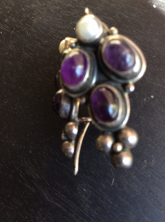 Sterling amethyst pearl vintage pierced earry - image 2