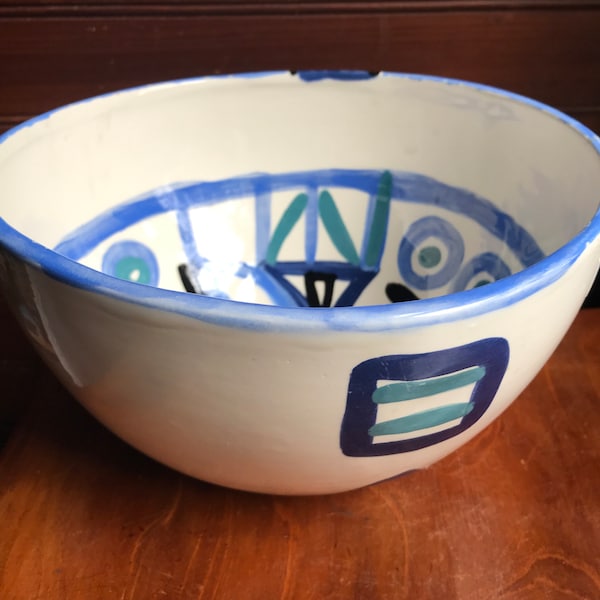 Lg. Arnels  hand painted modernist evil eye blue white serving bowl