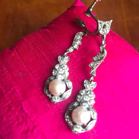 Antique Sterling pearl and paste screw back earri… - image 1