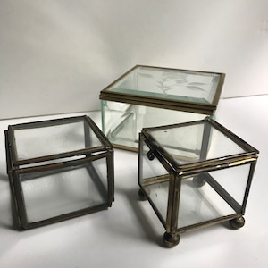 Vintage glass brass box three glass boxes vintage etched box vintage mirrored box footed